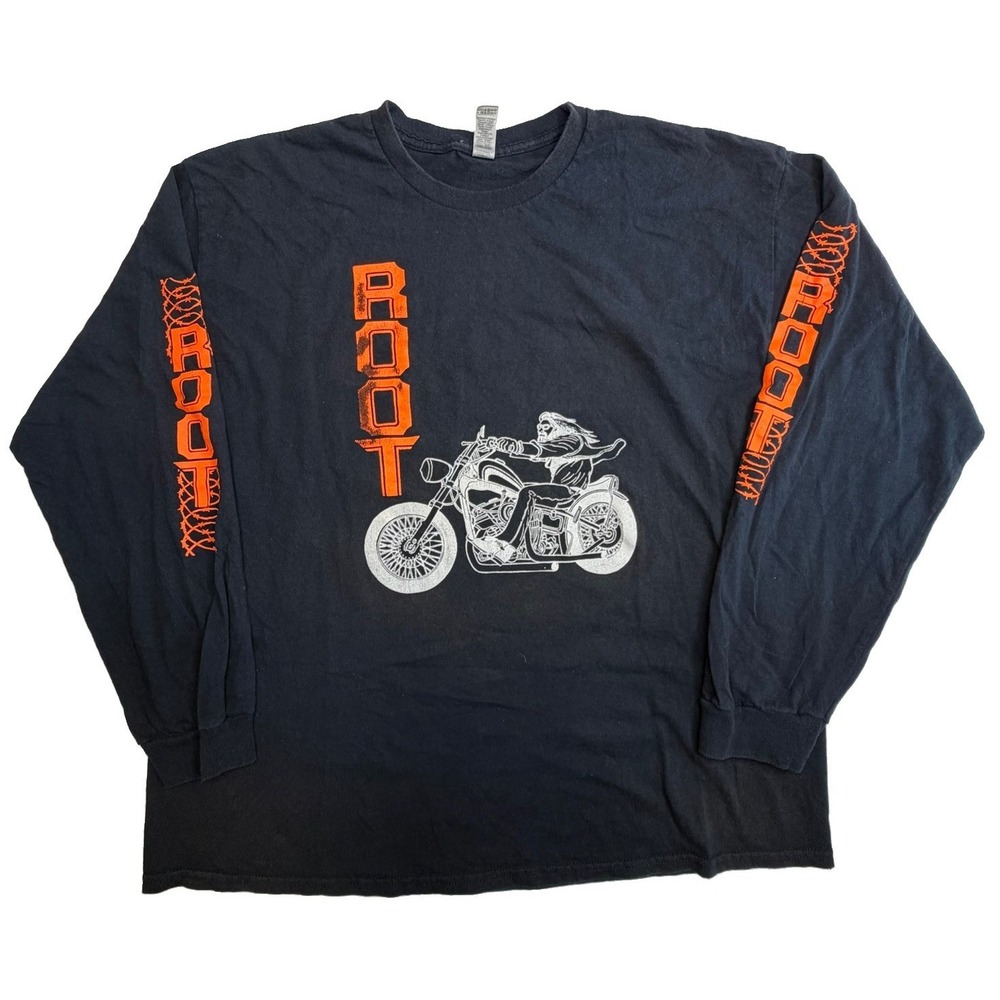 Root Biker Motorcycle Long Sleeve Graphic T-Shirt Black XL Skull Riding Tee